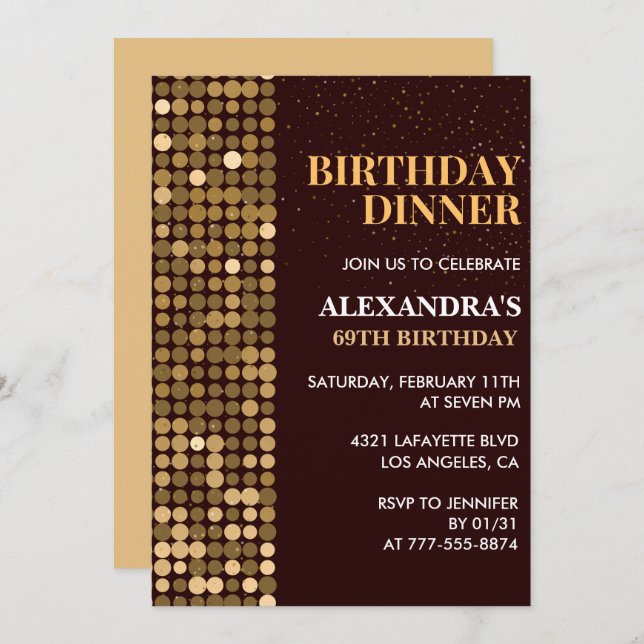 Dinner Glitter Glam Black Gold 69th birthday Invitation (Front/Back)