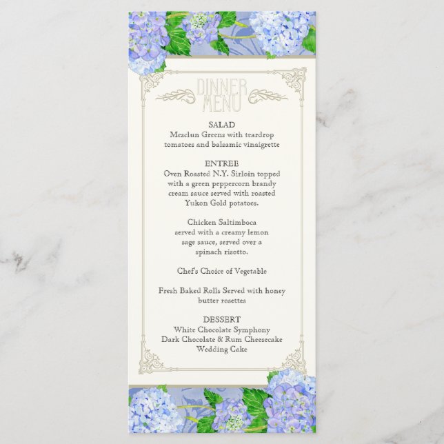 Dinner Menu Blue Hydrangea Lace Floral Formal (Front)