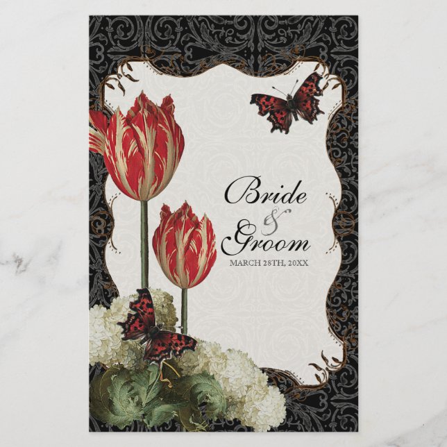 Dinner Menu Card - Black n Cream Red Tulip Damask (Front)