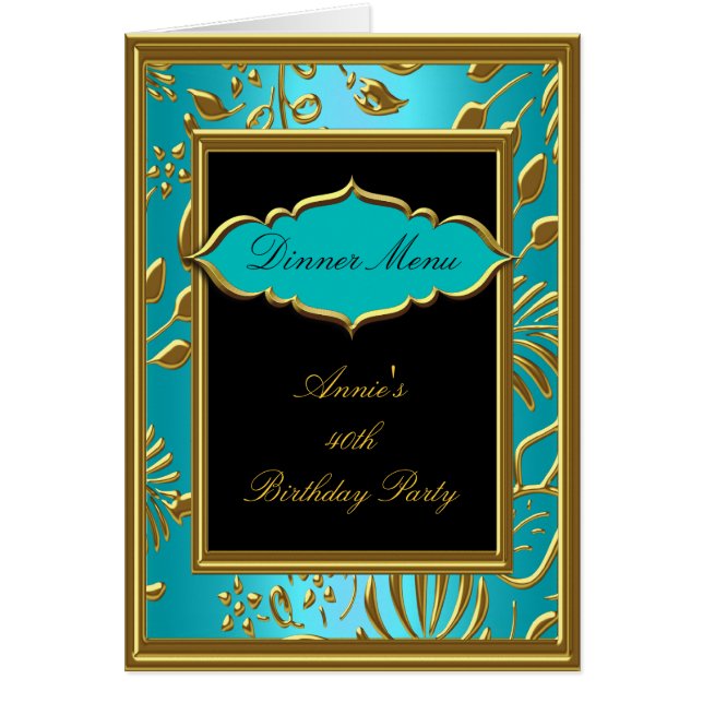 Dinner Menu Card Teal Blue Gold Black (Front)