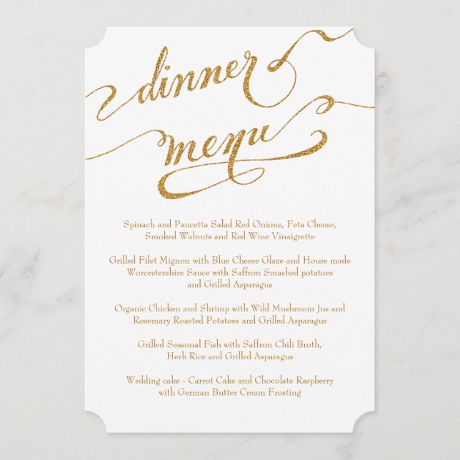 Dinner Menu Formal Reception Script Gold Glitter (Front)