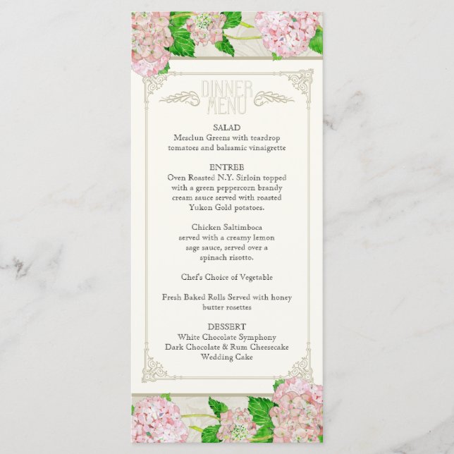 Dinner Menu Pink Hydrangea Lace Floral Formal (Front)
