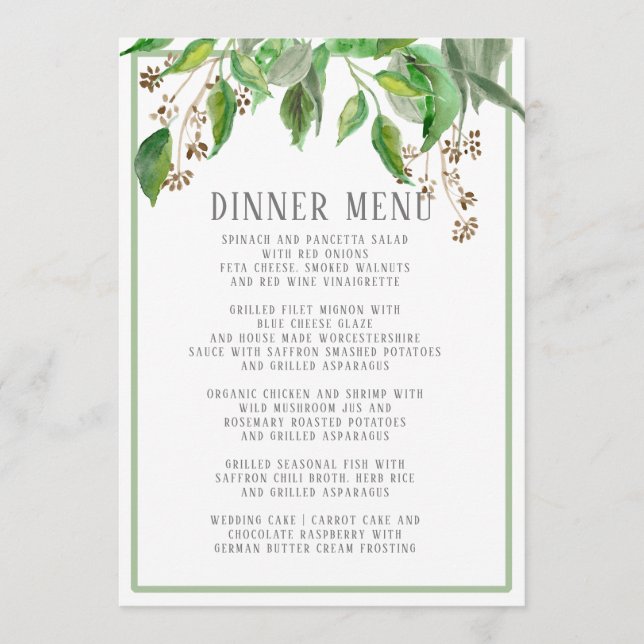 Dinner Menu Summer Foliage Greenery Eucalyptus Art (Front)