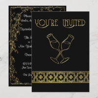 Dinner Party Invitation, Black and Gold Wine Glass