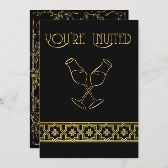 Dinner Party Invitation, Black and Gold Wine Glass Invitation (Front/Back)