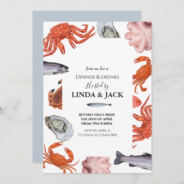 Dinner party invitation Seafood Theme (Front/Back)