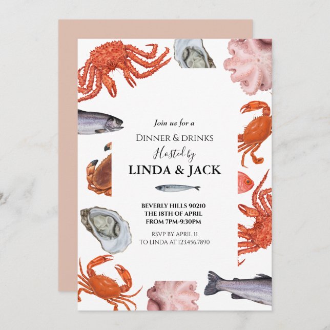 Dinner party invitation Seafood Theme (Front/Back)