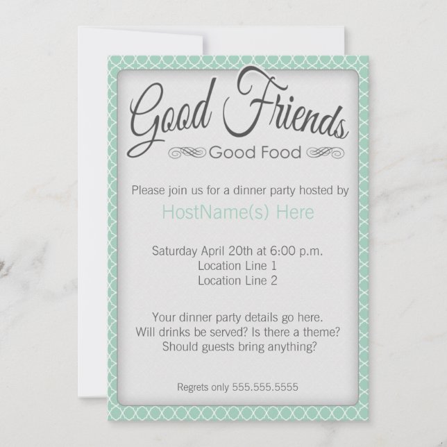 Dinner Party Invitations in Mint (Front)