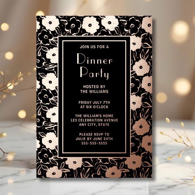 Dinner Party Invite Botanical Black Elegant Rose  (Creator Uploaded)