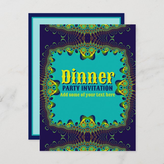Dinner Party Template Blue Green Yellow Invitation (Front/Back)