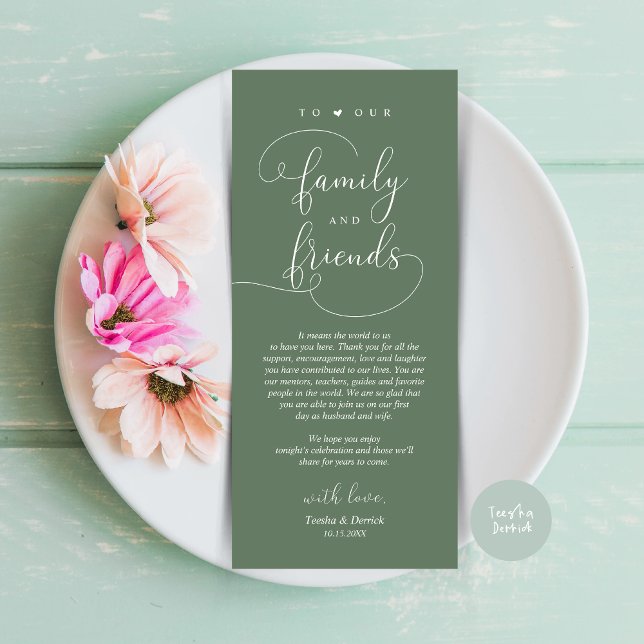 Dinner Place Setting Thank You Modern Elegant Card (Modern Romantic Script, Wedding Dinner Place Setting Thank You Card, in Forest Sage Green)