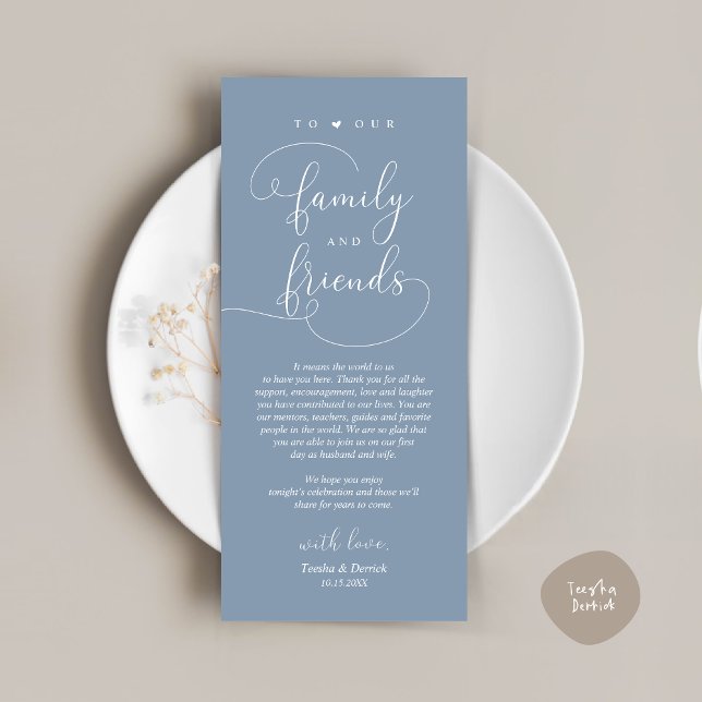 Dinner Place Setting Thank You Modern Elegant Card (Modern Romantic Script, Wedding Dinner Place Setting Thank You Card, in Dusty Blue)