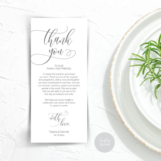 Dinner Place Setting Thank You, Modern Script Card (Wedding Dinner Place Setting Thank You Card, Plate Decoration, Modern Script, in Dark Grey)