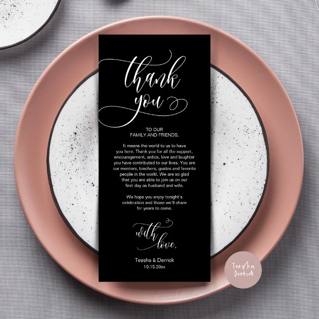 Dinner Place Setting Thank You, Modern Script Card (Wedding Dinner Place Setting Thank You Card, Plate Decoration, Modern Script, in Classy Black)