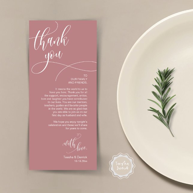 Dinner Place Setting Thank You, Modern Script Card (Wedding Dinner Place Setting Thank You Card, Plate Decor, Modern Calligraphy, in Dusty Rose Pink)