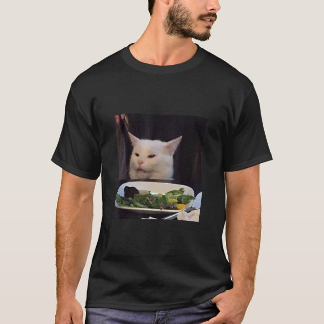 Dinner Table Cat Meme Funny Internet Yelling Confu T-Shirt (Front)