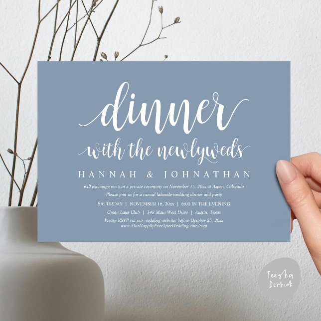 Dinner with the newlyweds, Wedding Elopement Invitation (Dinner with the newlyweds, Wedding Elopement Invitation Card PDF Modern Rustic Party Dusty Blue)