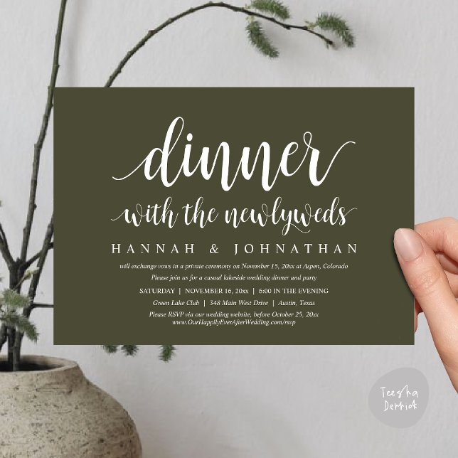 Dinner with the newlyweds, Wedding Elopement Invitation (Dinner with the newlyweds, Wedding Elopement Invitation Card PDF Modern Rustic Party Olive Green)