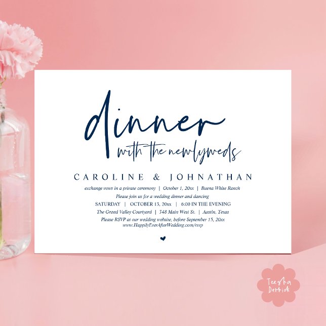Dinner with the Newlyweds, Wedding Elopement Party Invitation (Dinner with the Newlyweds, Modern Wedding Elopement Party Invitation Card PDF Classy Navy Blue)