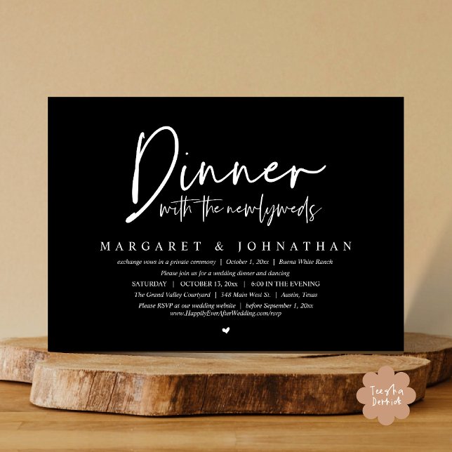 Dinner with the Newlyweds, Wedding Elopement Party Invitation (Dinner with the Newlyweds, Modern Wedding Elopement Party Invitation Card PDF Black White)