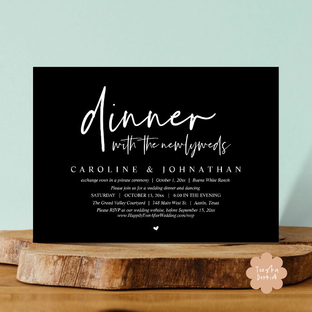 Dinner with the Newlyweds, Wedding Elopement Party Invitation (Dinner with the Newlyweds, Modern Wedding Elopement Party Invitation Card PDF Black White)