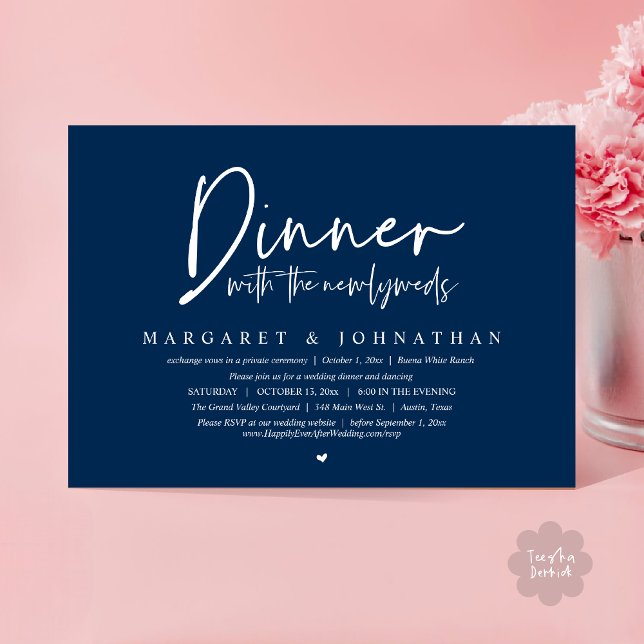 Dinner with the Newlyweds, Wedding Elopement Party Invitation (Dinner with the Newlyweds, Modern Wedding Elopement Party Invitation Card PDF Classy Navy Blue)