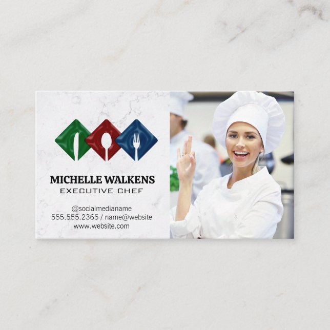 Dinnerware Logo | Woman Chef in Kitchen Business Card (Front)