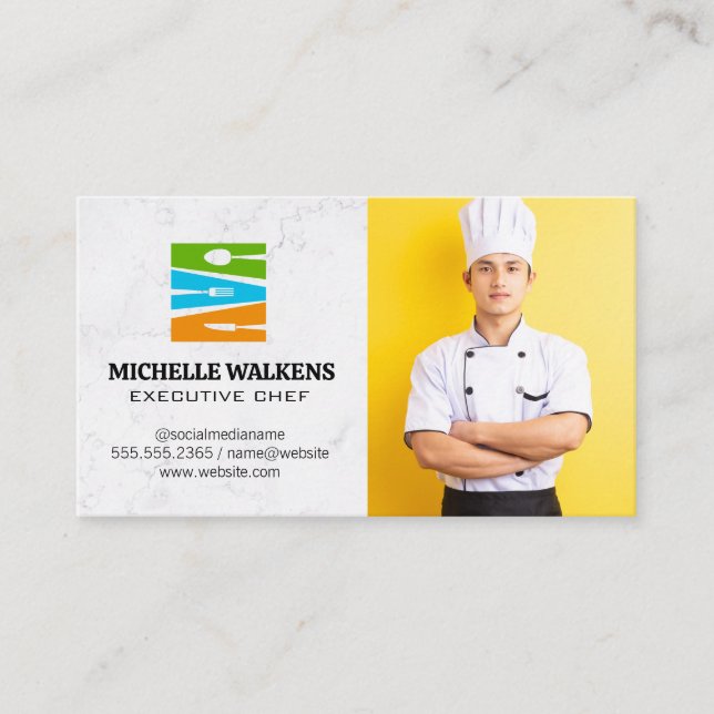Dinnerware Restaurant Logo | Chef in Uniform Business Card (Front)