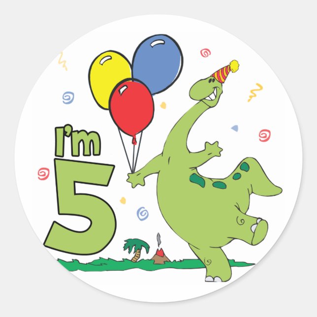 Dino 5th Birthday Classic Round Sticker (Front)