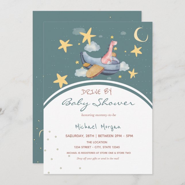 Dino Aeroplane  Space Stars Drive By Baby Shower  Invitation (Front/Back)