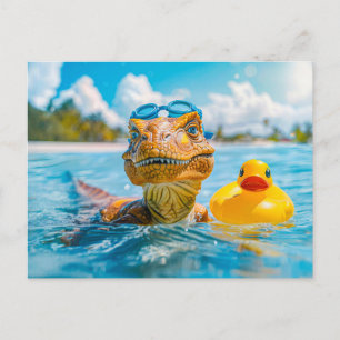 Dino Bathing with Rubber Duck Holiday Postcard