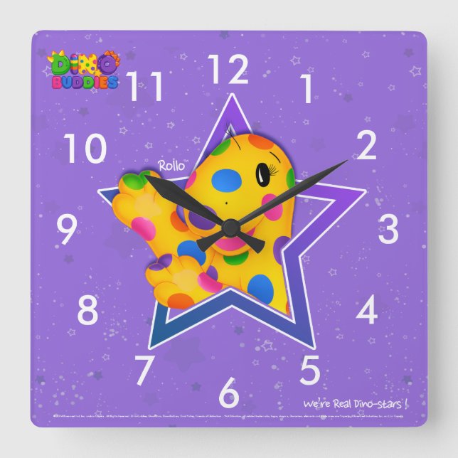 Dino-Buddies™ Square Wall Clock – Rollo™ w/Star (Front)