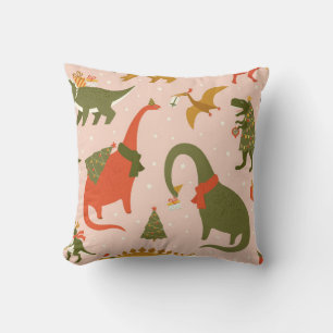 Dino Christmas Party Tree Rex. Dinosaur in Santa h Cushion