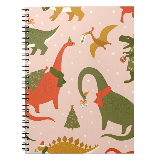 Dino Christmas Party Tree Rex. Dinosaur in Santa h Notebook (Front)