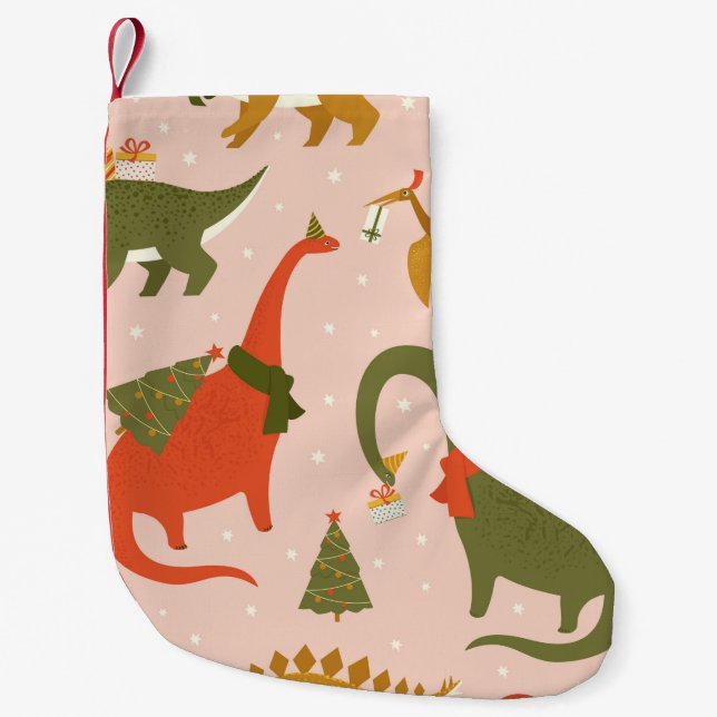 Dino Christmas Party Tree Rex. Dinosaur in Santa h Small Christmas Stocking (Front)