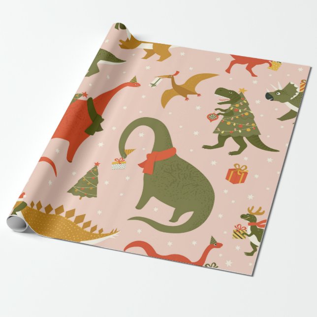 Dino Christmas Party Tree Rex. Dinosaur in Santa h Wrapping Paper (Unrolled)