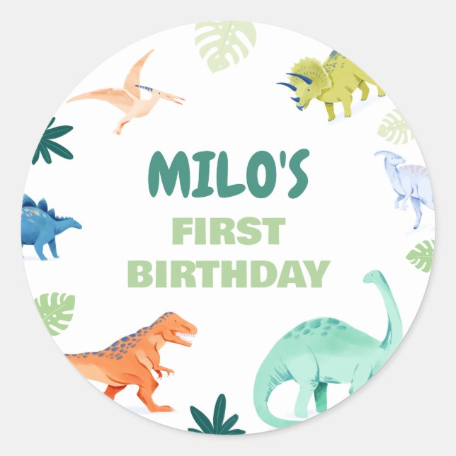 Dino Colourful Dinosaur Birthday Round Sticker (Front)