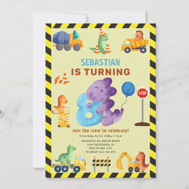 Dino Crew 8th Birthday Construction Dinosaur Invitation (Front)
