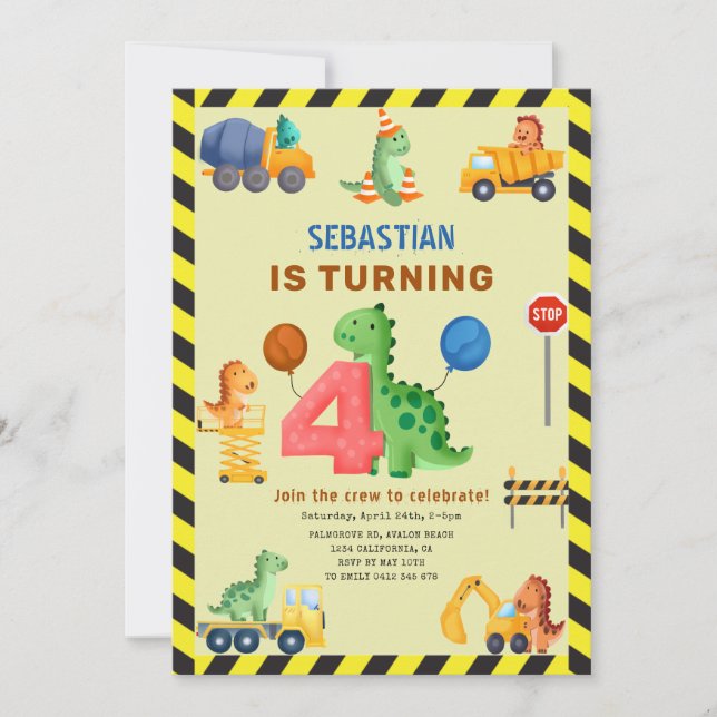 Dino Crew Construction 4th Birthday Dinosaur  Invitation (Front)