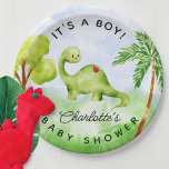 Dino Delight Baby Shower Paper Plates<br><div class="desc">Introducing our adorable baby shower Dino design featuring a captivating watercolor illustration of dinosaurs and trees. This charming design is perfect for welcoming your little one into the world. The vibrant colours and whimsical artwork create a delightful atmosphere, setting the tone for a fun-filled celebration. With its high-quality print and...</div>