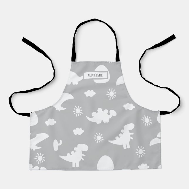 Dino Doodle Silhouettes Kids Dinosaur Gray Apron (Front)