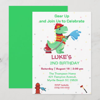 Dino Fireman Kids 2nd Birthday Party Invitation