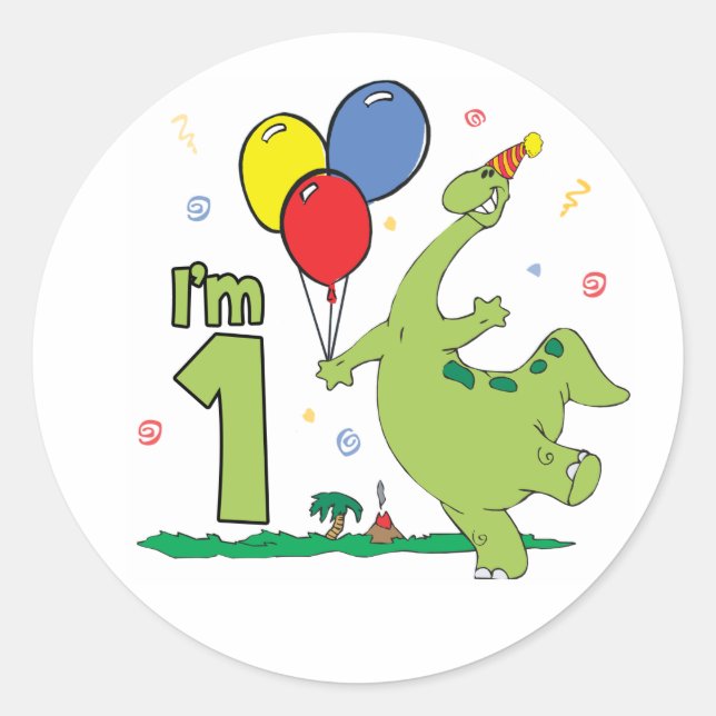 Dino First Birthday Classic Round Sticker (Front)