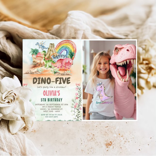 Dino-Five Dinosaur Girl 5th Birthday Party Photo Invitation (Creator Uploaded)
