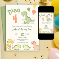 Dino Four Balloon 4th Birthday Party Invitation