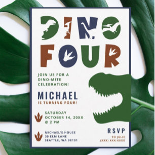 Dino Four Dinosaur 4th Birthday Party Invitation