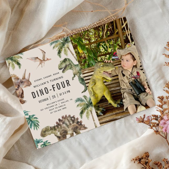 Dino-Four Dinosaur 4th Birthday Photo Invitation (Creator Uploaded)