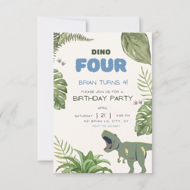 Dino-Four Kids Birthday Party Invitation (Front)