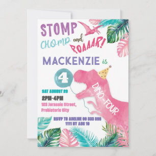 Dino-Four Pink Girl Dinosaur 4th Fourth Birthday Invitation