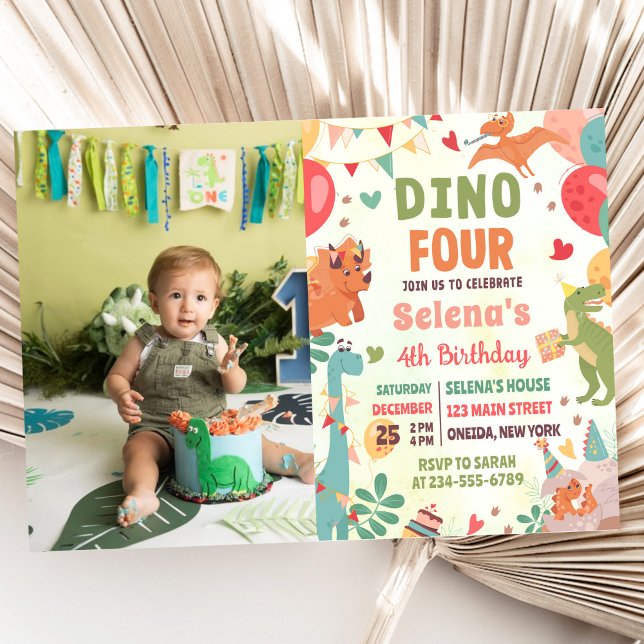 Dino FOUR T-Rex Dinosaur 4th Birthday Party Photo Invitation (Creator Uploaded)